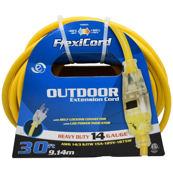 Extension Cord Outdoor SJTW 14/3 Single Tap Yellow 30ft (140053)