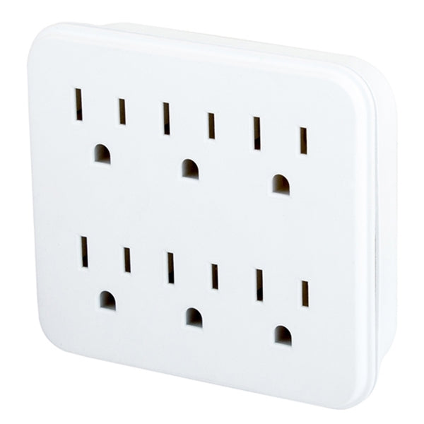 Grounded Wall Adapter 6-Outlet 3 to 3 Prong White (140601)