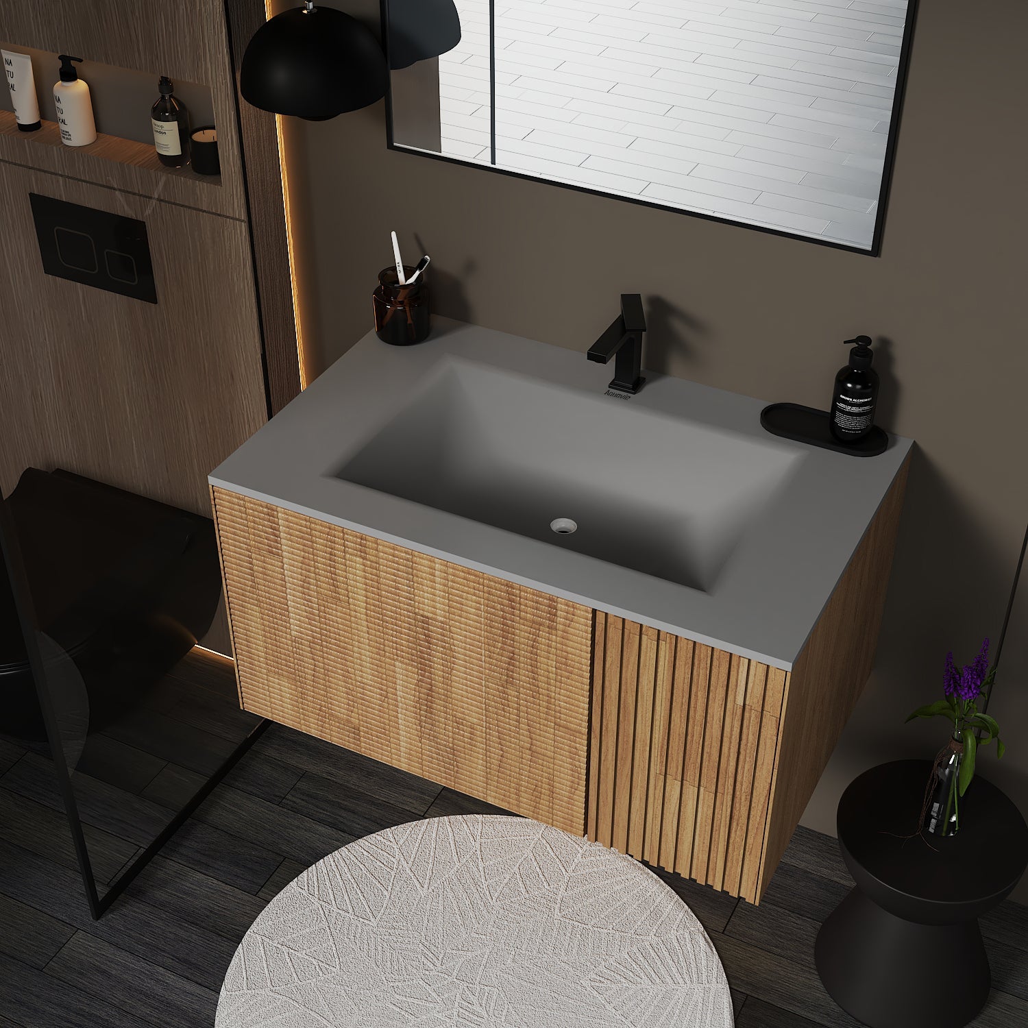 Linea Floating Vanity – Seamless Curved Stone Top, 36"