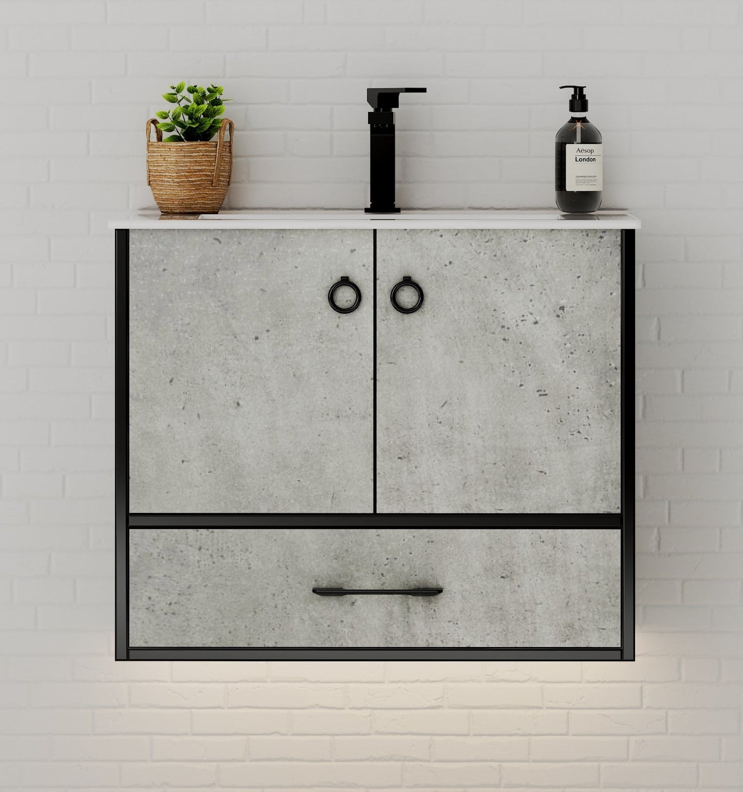 30" Concrete-Style Bathroom Vanity with Ceramic Sink, 18" Depth