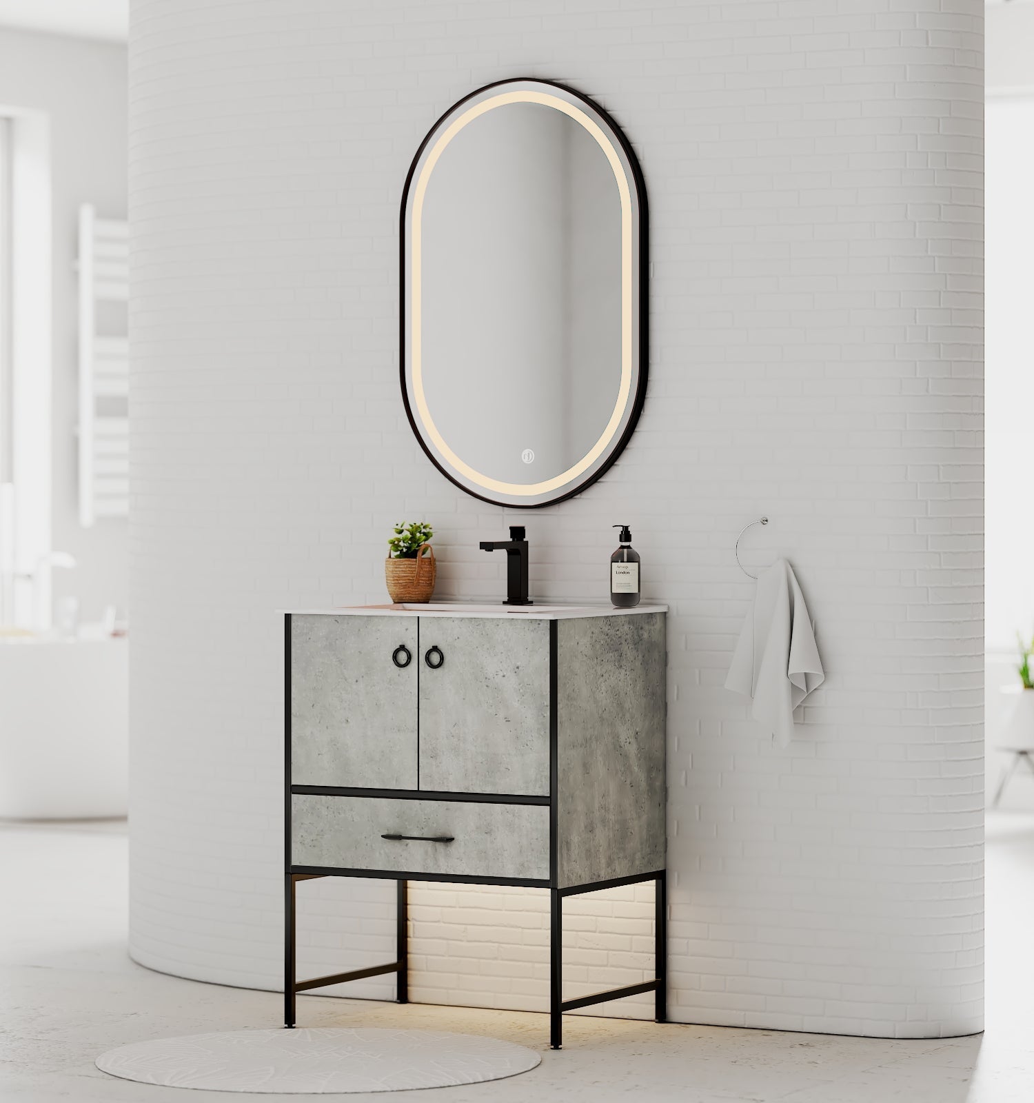30" Concrete-Style Bathroom Vanity with Ceramic Sink, 18" Depth
