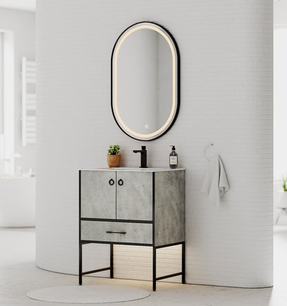 30" Concrete-Style Bathroom Vanity with Ceramic Sink, 18" Depth