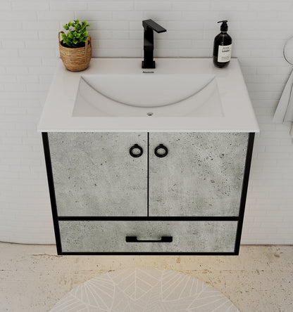 30" Concrete-Style Bathroom Vanity with Ceramic Sink, 18" Depth