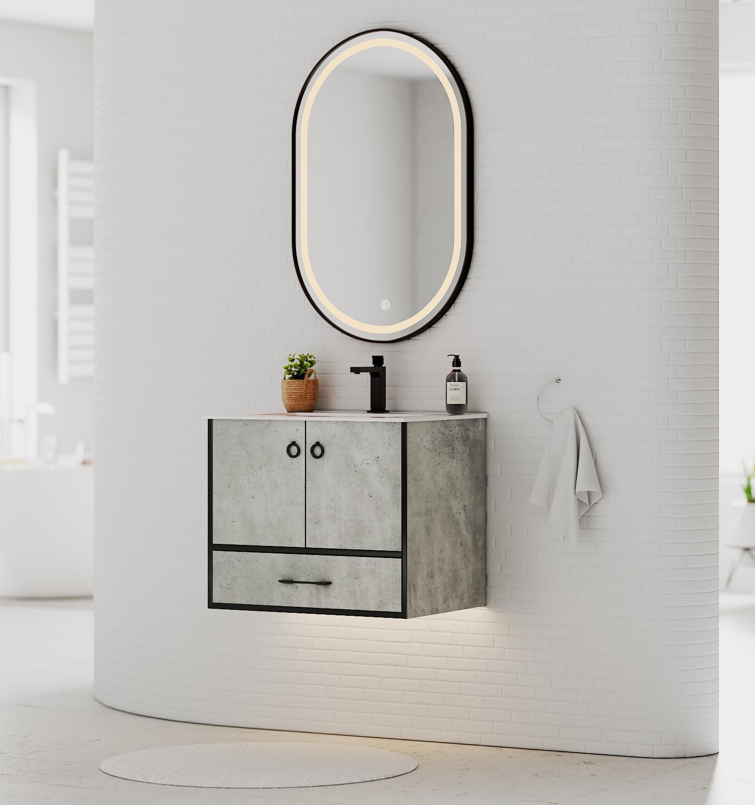 30" Concrete-Style Bathroom Vanity with Ceramic Sink, 18" Depth