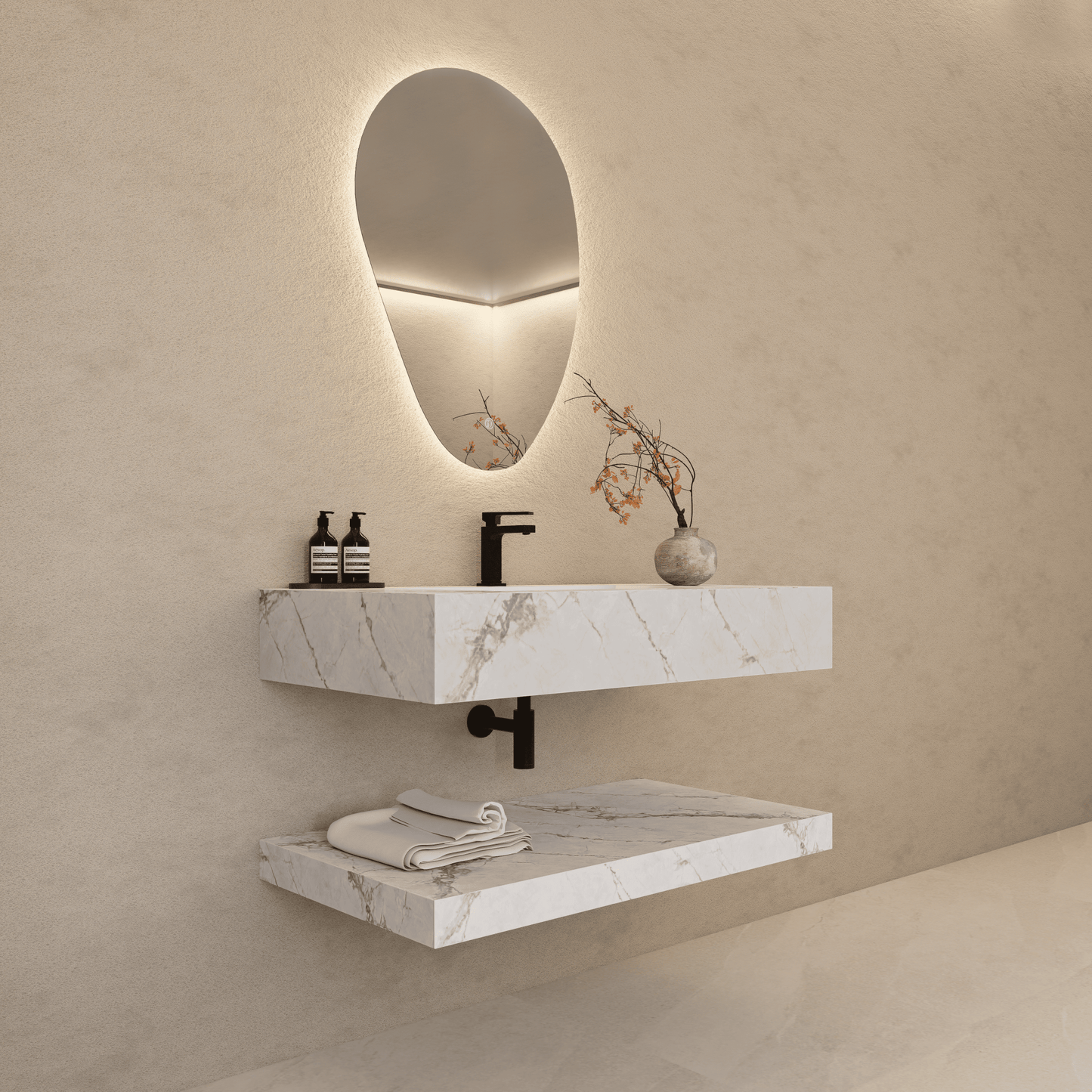 30", 40", 48"，60" Hotel Style Ice Grey Floating Vanity – Marble-Look Stone