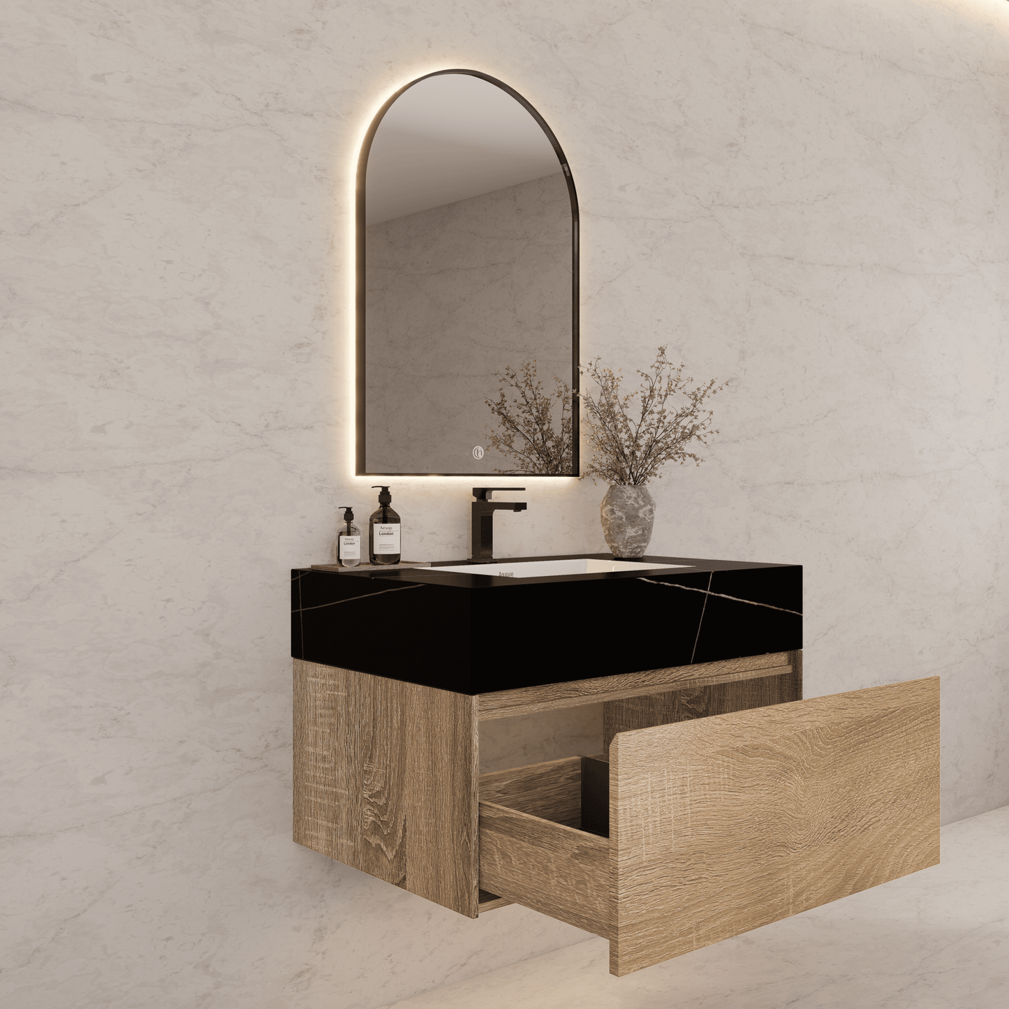 32", 36", 40" Seamless Stone Top with Light Oak Floating Bathroom Vanity