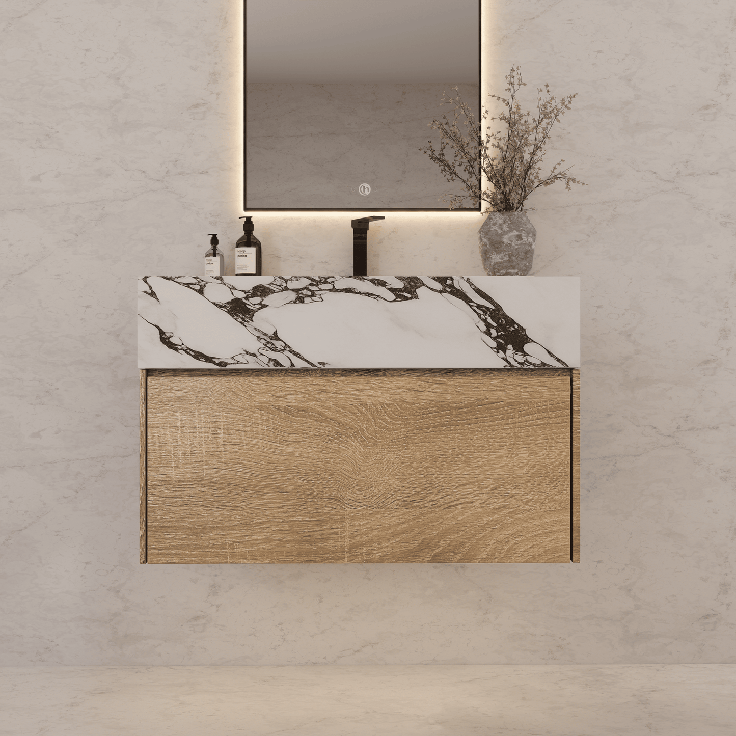 32", 36", 40" Seamless Stone Top with Light Oak Floating Bathroom Vanity