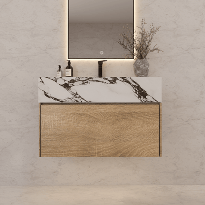 32", 36", 40" Seamless Stone Top with Light Oak Floating Bathroom Vanity