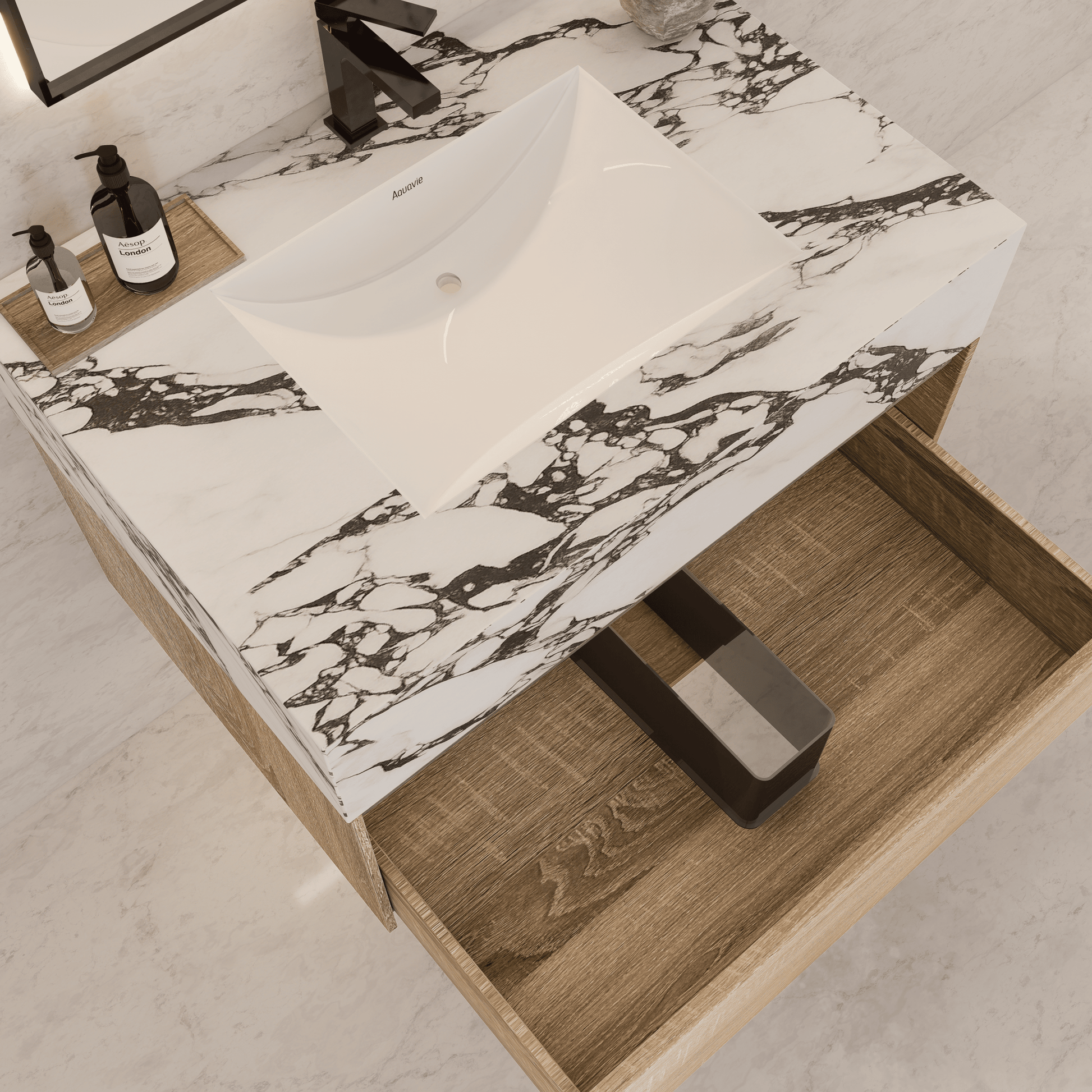 32", 36", 40" Seamless Stone Top with Light Oak Floating Bathroom Vanity