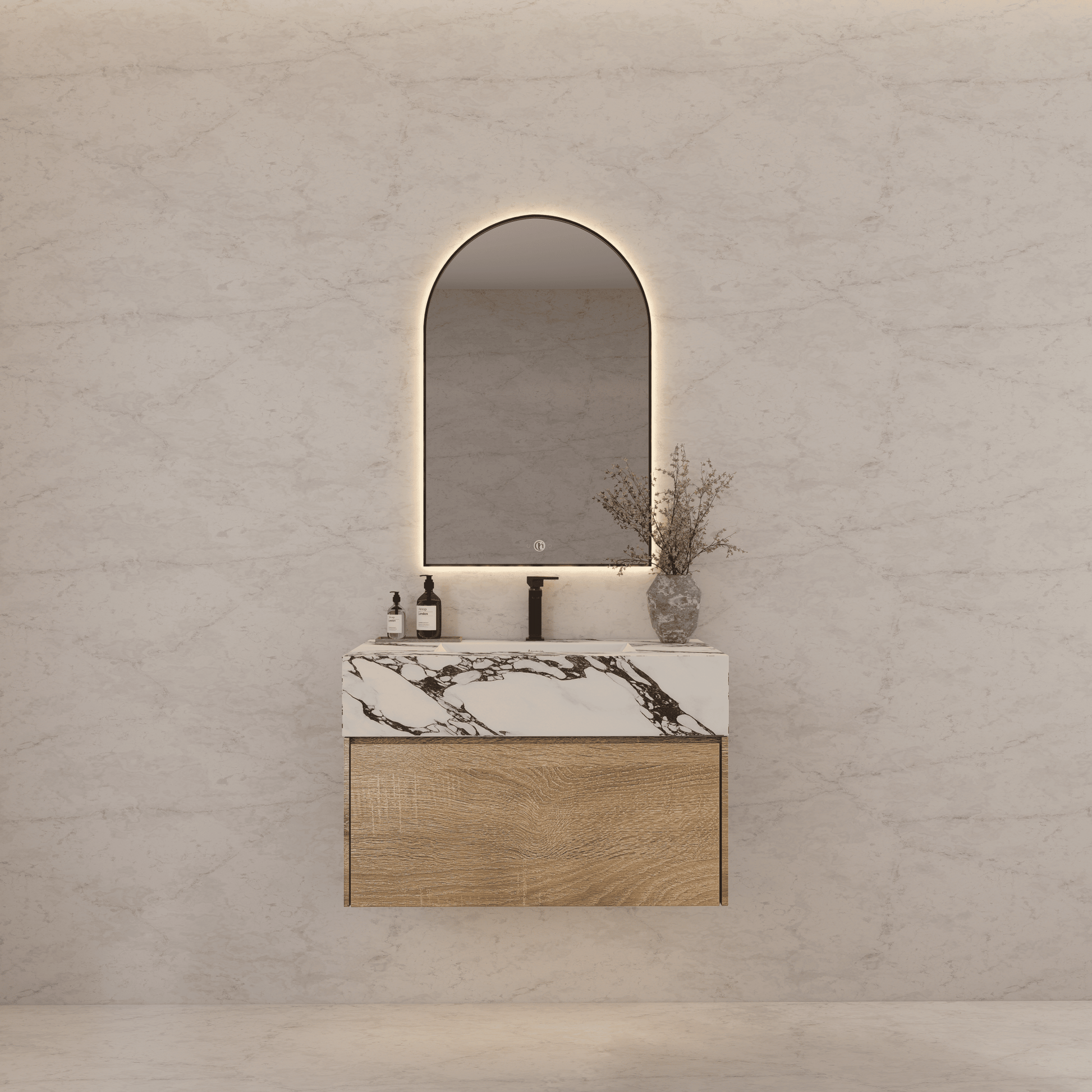 32", 36", 40" Seamless Stone Top with Light Oak Floating Bathroom Vanity