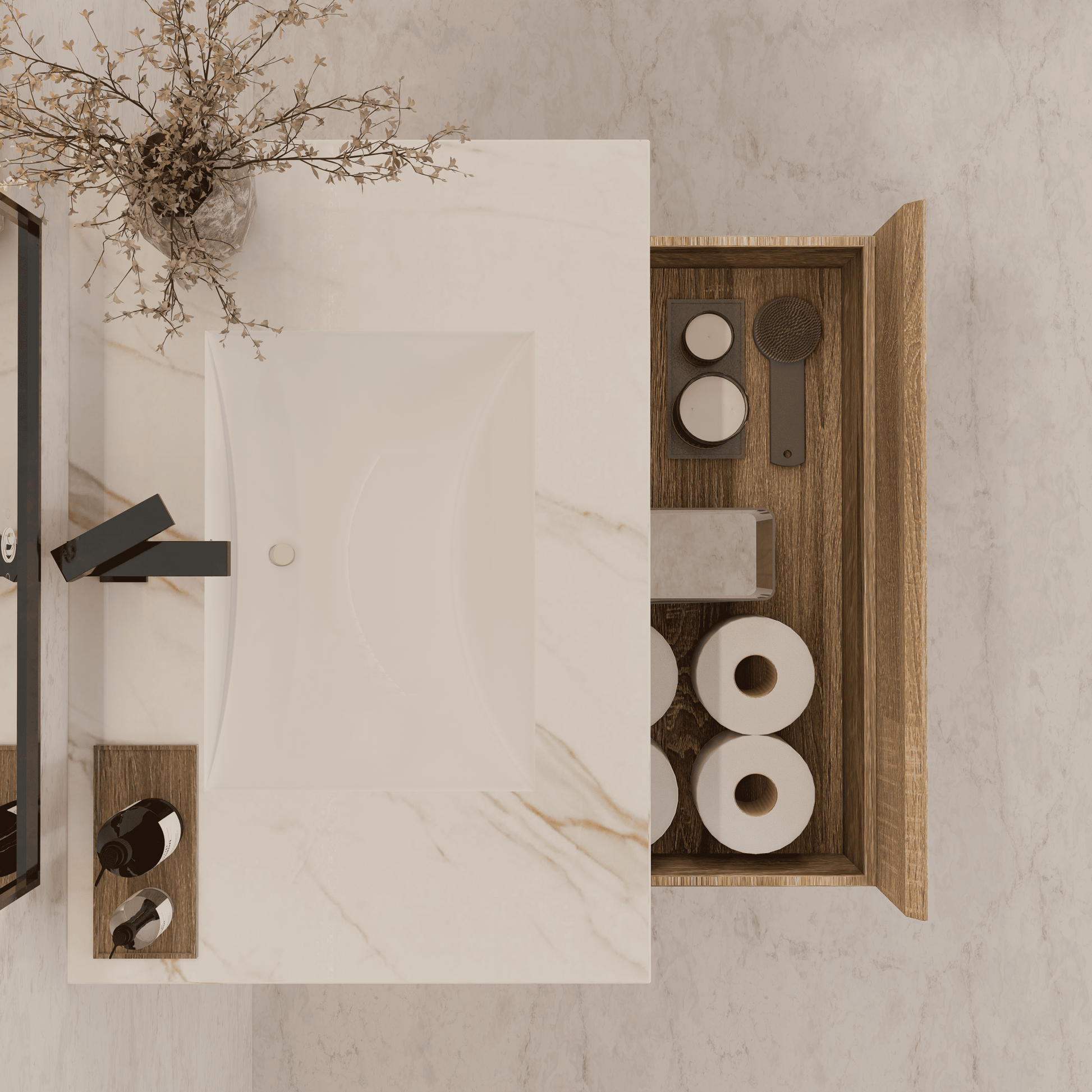 32", 36", 40" Seamless Stone Top with Light Oak Floating Bathroom Vanity
