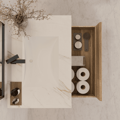 32", 36", 40" Seamless Stone Top with Light Oak Floating Bathroom Vanity