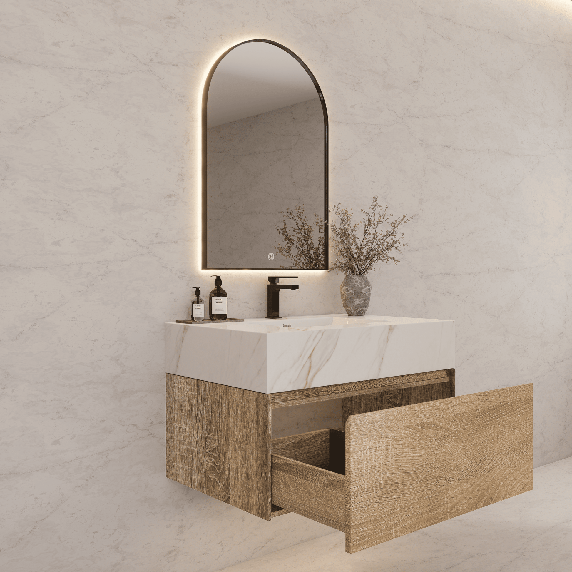 32", 36", 40" Seamless Stone Top with Light Oak Floating Bathroom Vanity