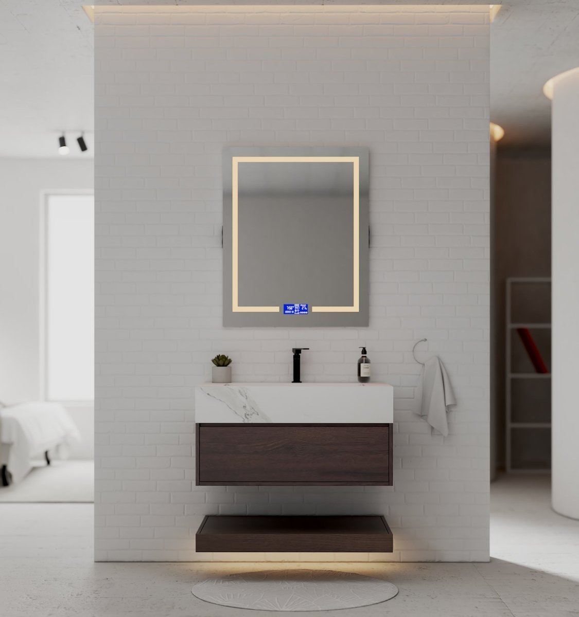 32" Walnut Sintered Stone Top with Hotel-Style Floating Bathroom Vanity