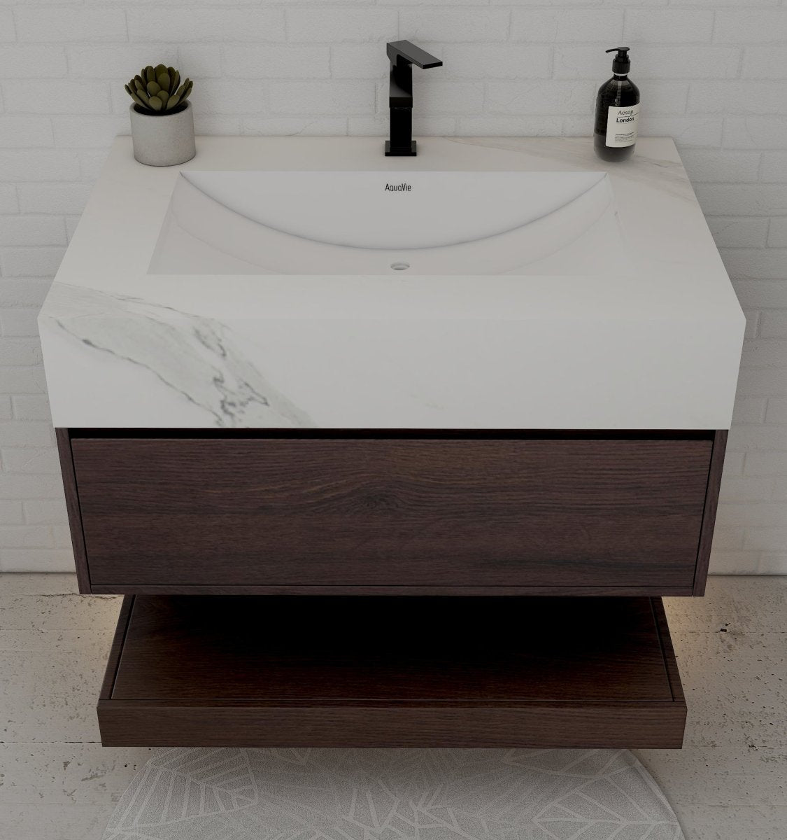 32" Walnut Sintered Stone Top with Hotel-Style Floating Bathroom Vanity