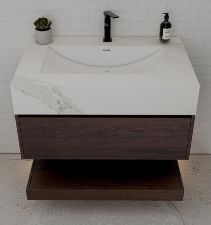 32" Walnut Sintered Stone Top with Hotel-Style Floating Bathroom Vanity