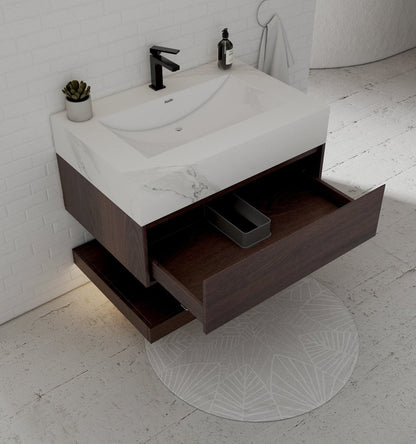 32" Walnut Sintered Stone Top with Hotel-Style Floating Bathroom Vanity