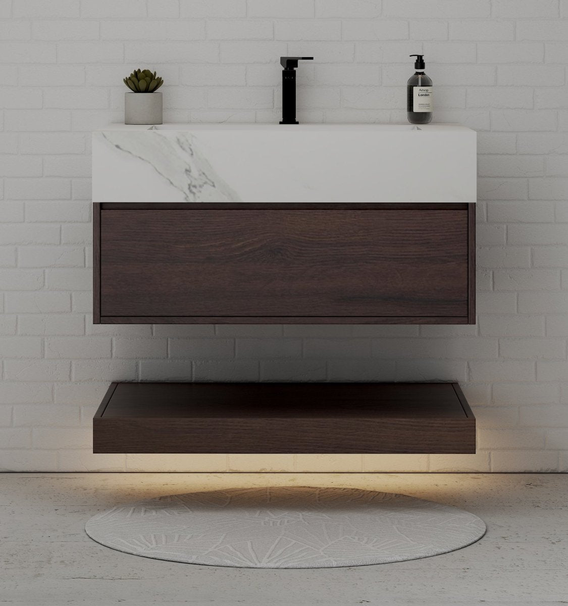 32" Walnut Sintered Stone Top with Hotel-Style Floating Bathroom Vanity