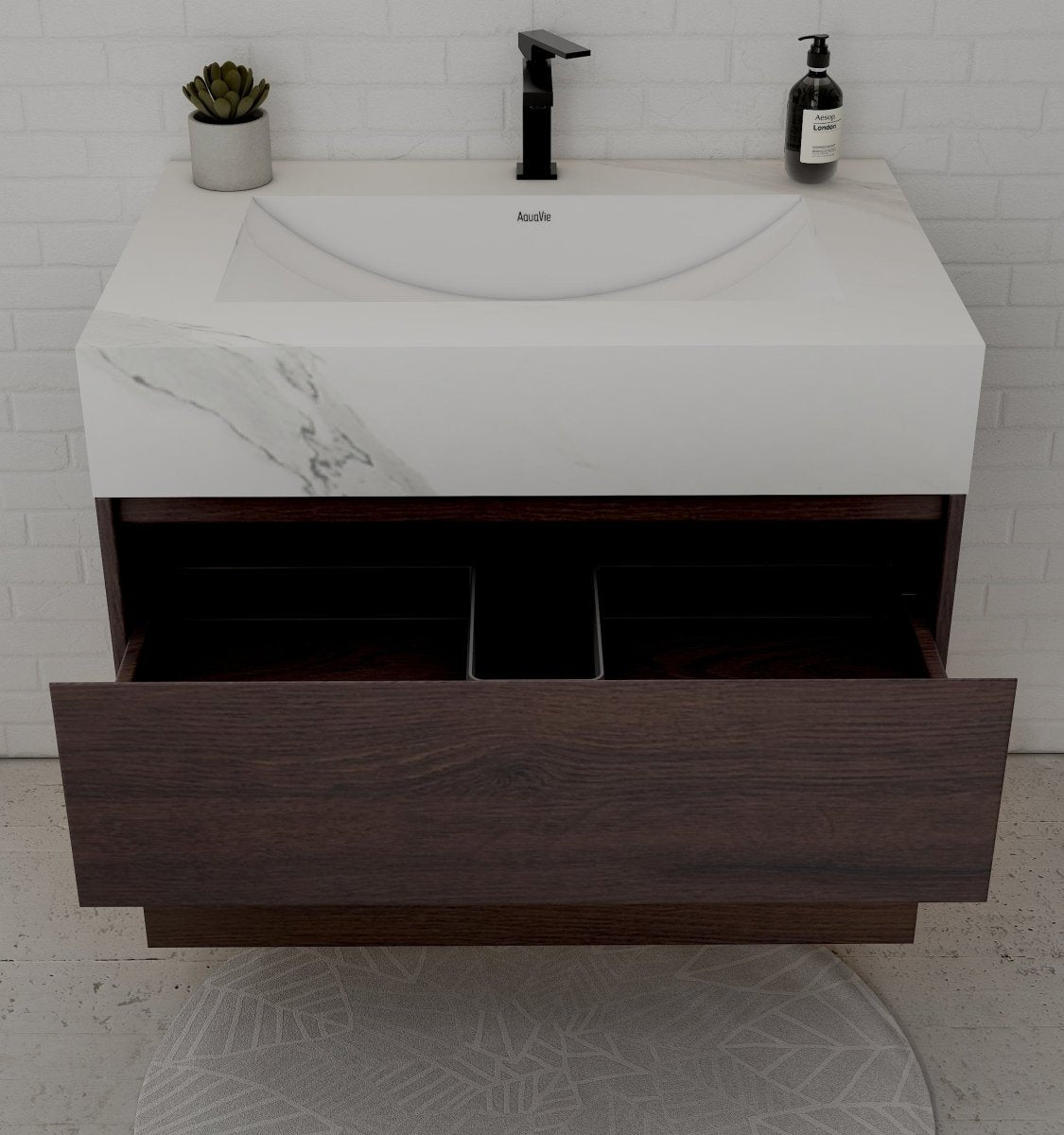 32" Walnut Sintered Stone Top with Hotel-Style Floating Bathroom Vanity