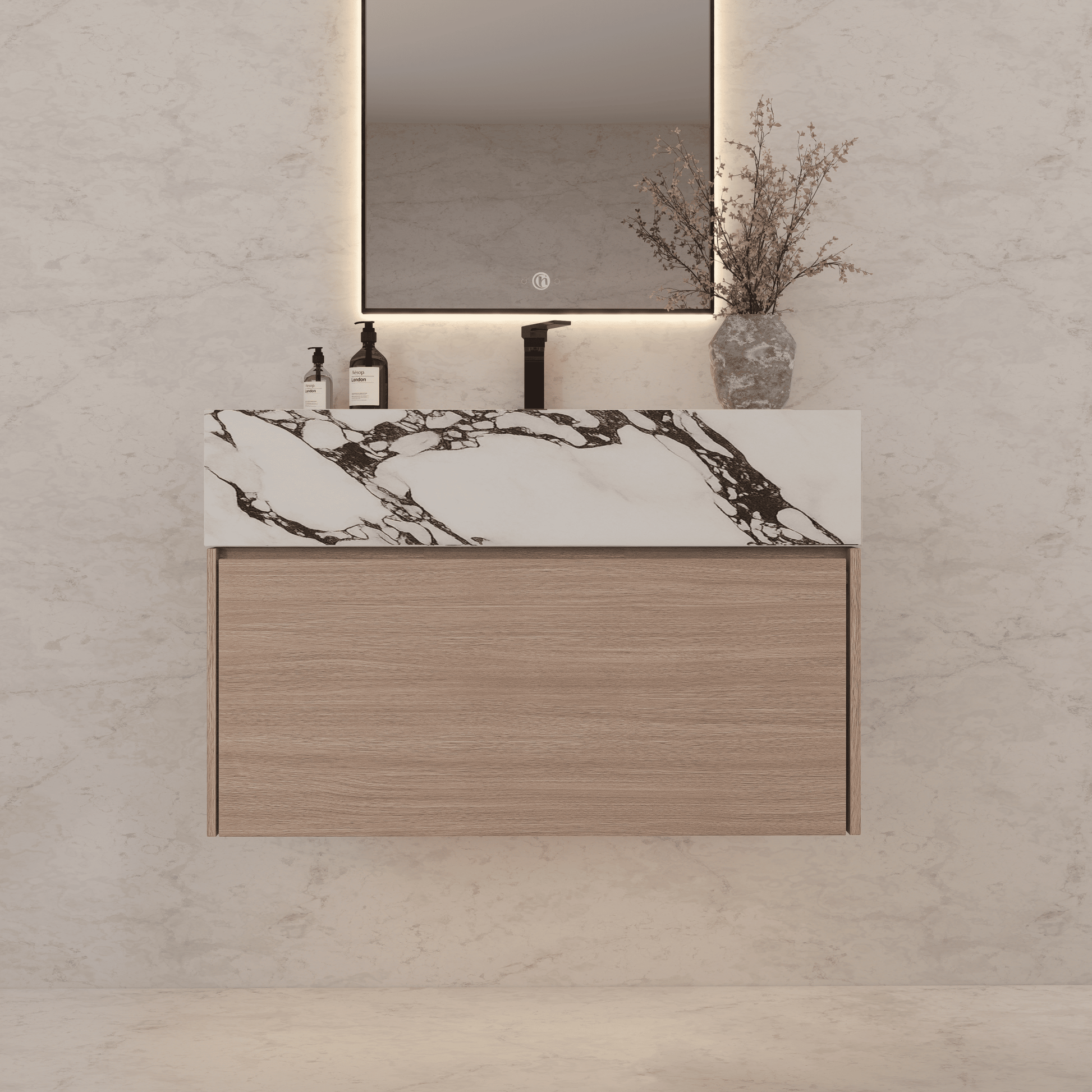 32"/ 36"/40" Smoked Oak Single Sink Floating Bathroom Vanity with Sintered Stone Top