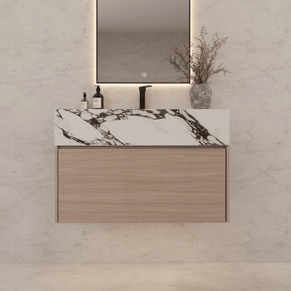 32"/ 36"/40" Smoked Oak Single Sink Floating Bathroom Vanity with Sintered Stone Top