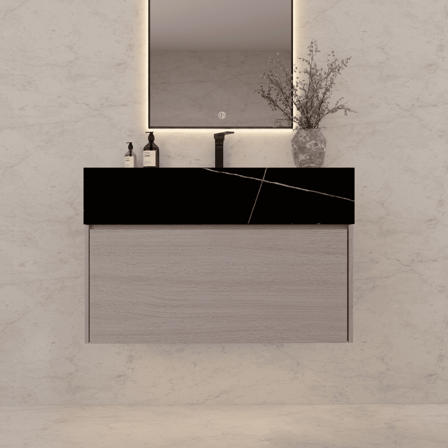 32"/ 36"/40" White Grey Oak Single Sink Floating Bathroom Vanity with Sintered Stone Top