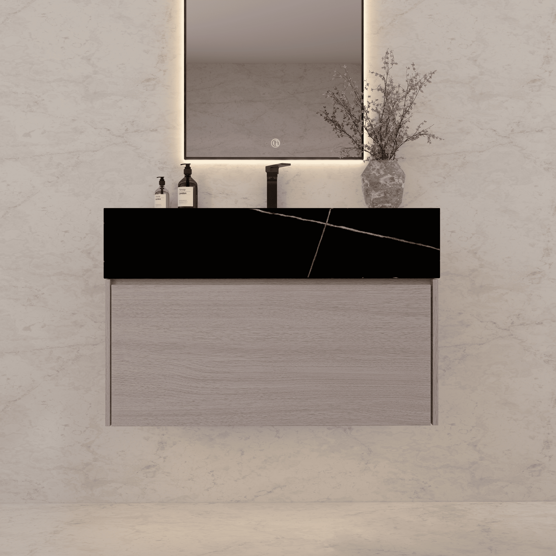 32"/ 36"/40" White Grey Oak Single Sink Floating Bathroom Vanity with Sintered Stone Top