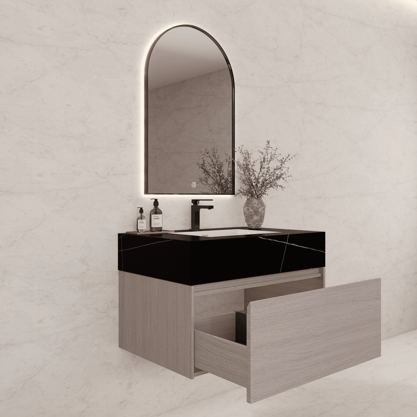 32"/ 36"/40" White Grey Oak Single Sink Floating Bathroom Vanity with Sintered Stone Top