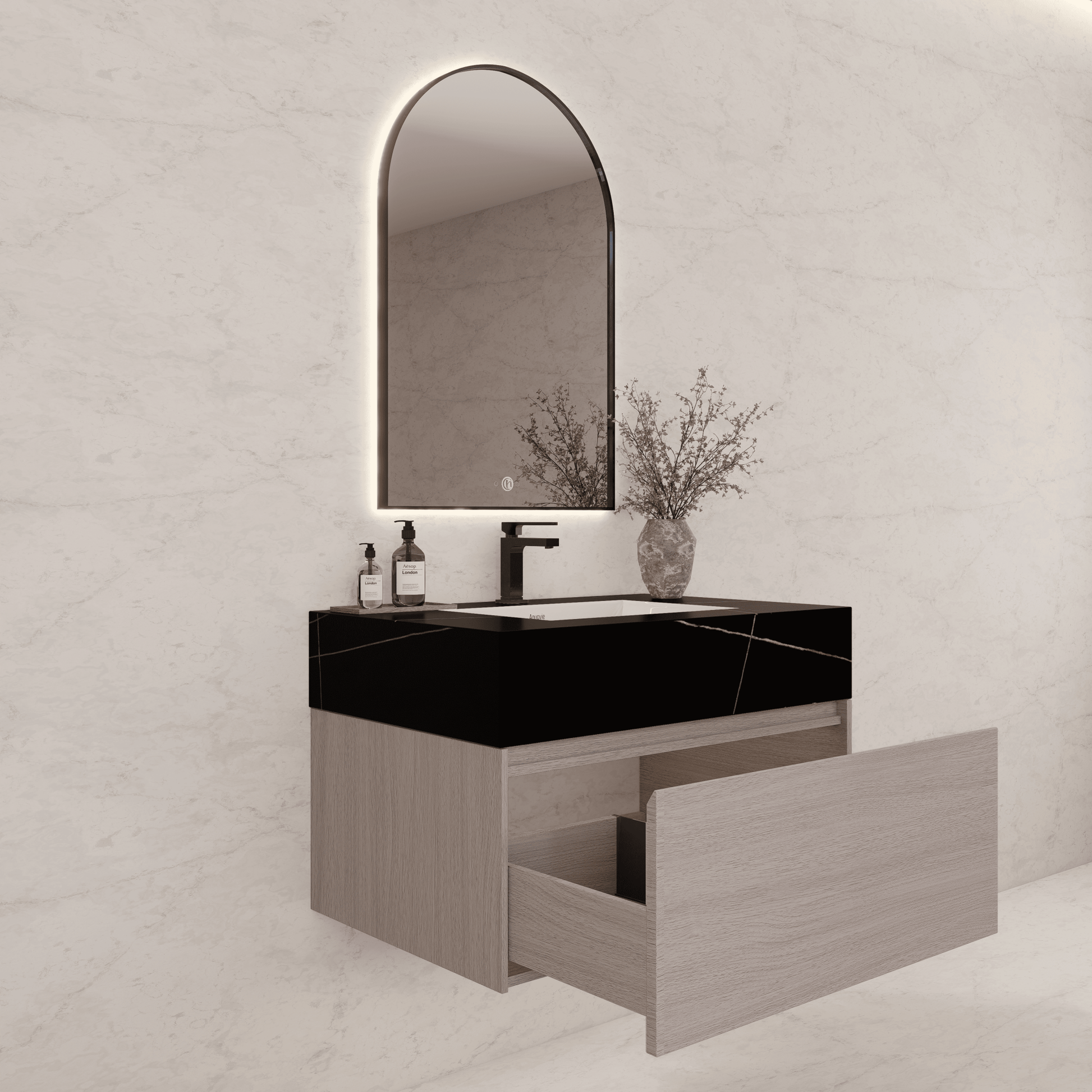 32"/ 36"/40" White Grey Oak Single Sink Floating Bathroom Vanity with Sintered Stone Top