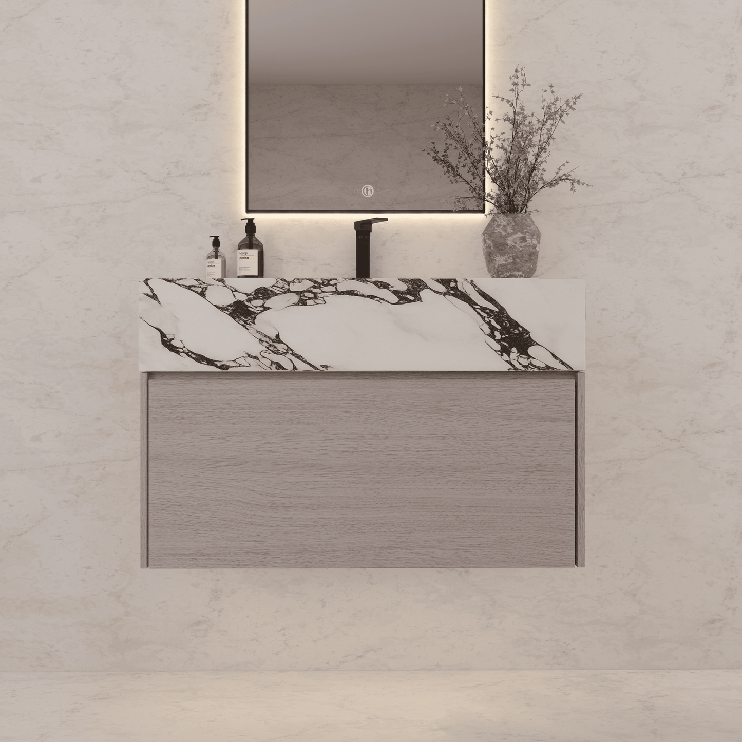 32"/ 36"/40" White Grey Oak Single Sink Floating Bathroom Vanity with Sintered Stone Top