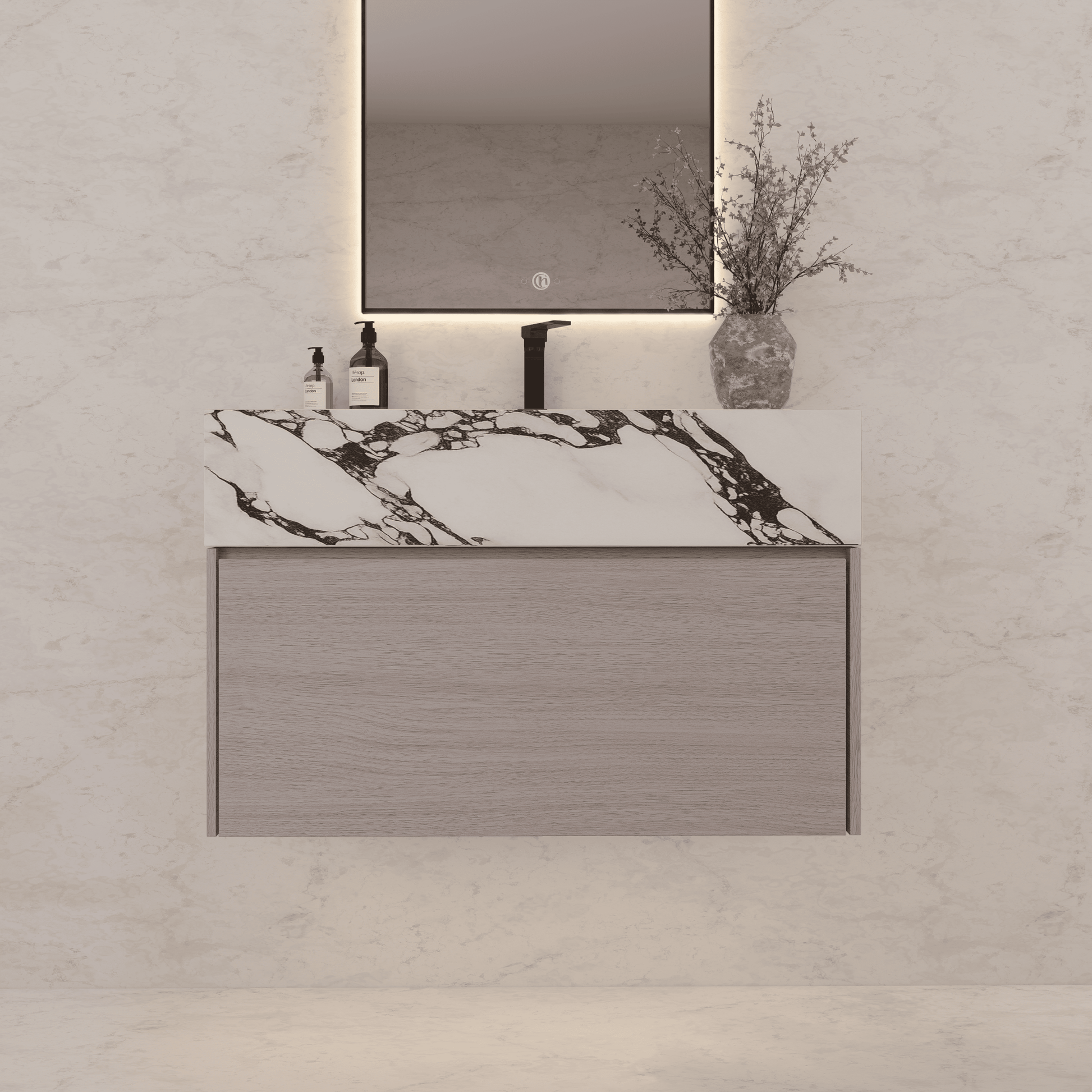 32"/ 36"/40" White Grey Oak Single Sink Floating Bathroom Vanity with Sintered Stone Top