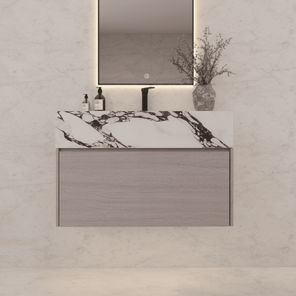 32"/ 36"/40" White Grey Oak Single Sink Floating Bathroom Vanity with Sintered Stone Top