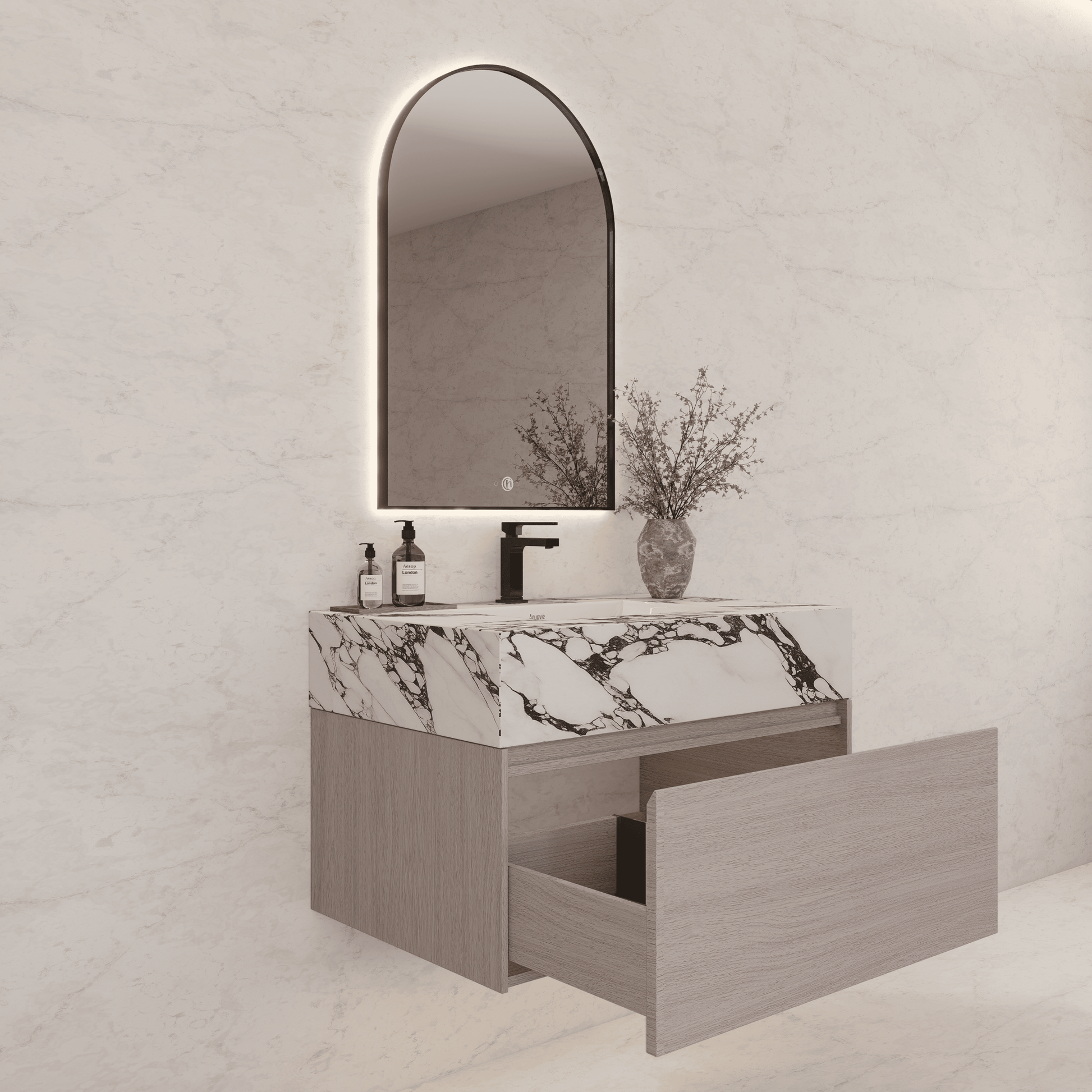 32"/ 36"/40" White Grey Oak Single Sink Floating Bathroom Vanity with Sintered Stone Top
