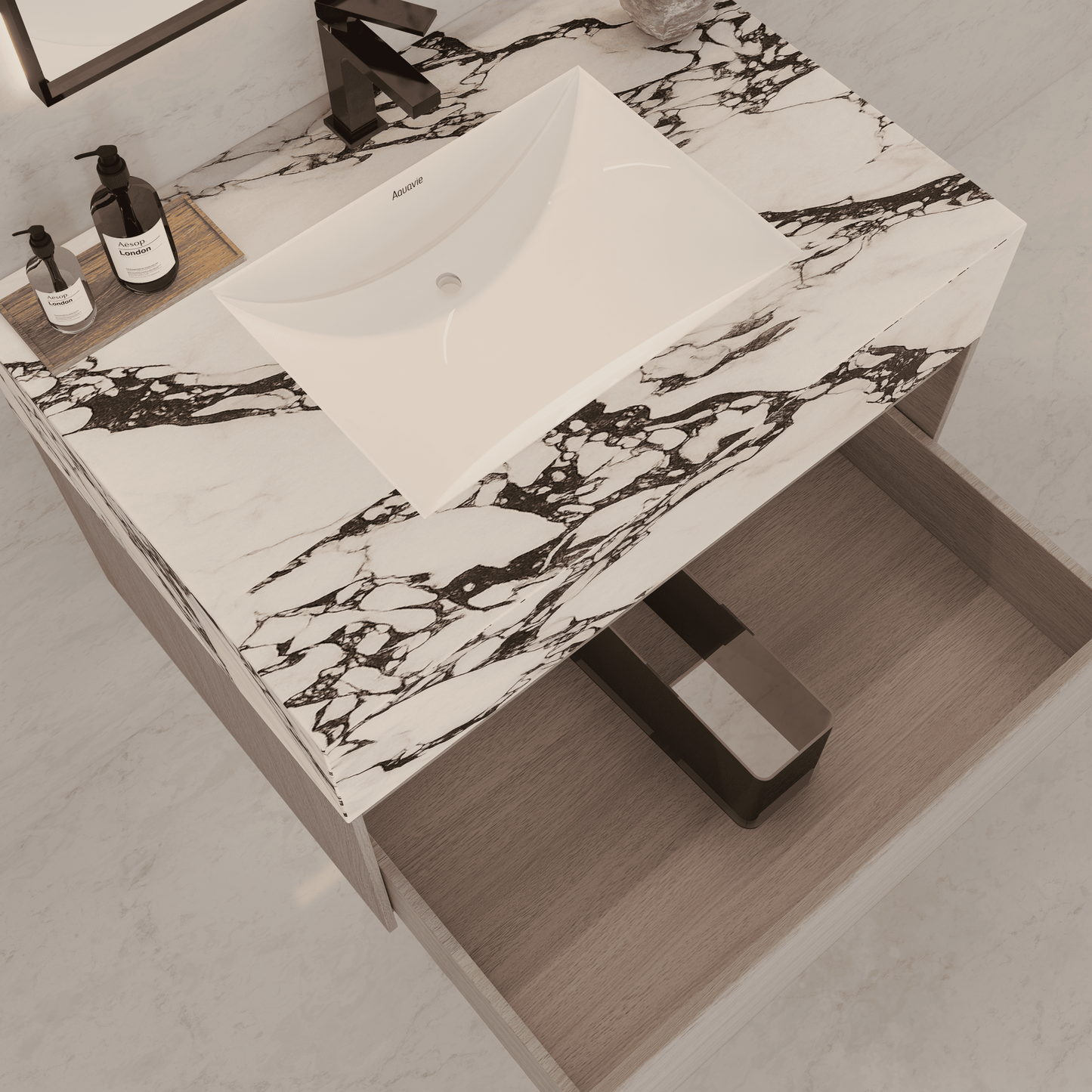 32"/ 36"/40" White Grey Oak Single Sink Floating Bathroom Vanity with Sintered Stone Top