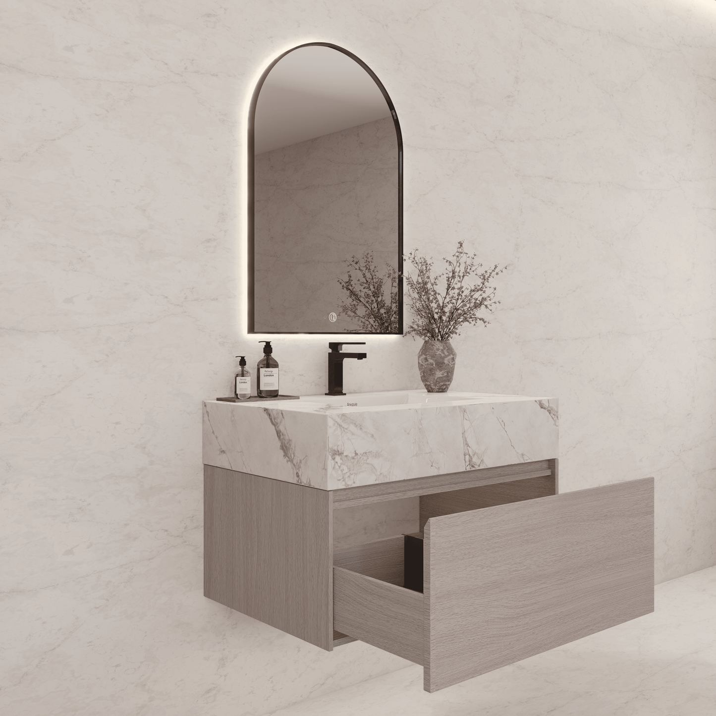 32"/ 36"/40" White Grey Oak Single Sink Floating Bathroom Vanity with Sintered Stone Top