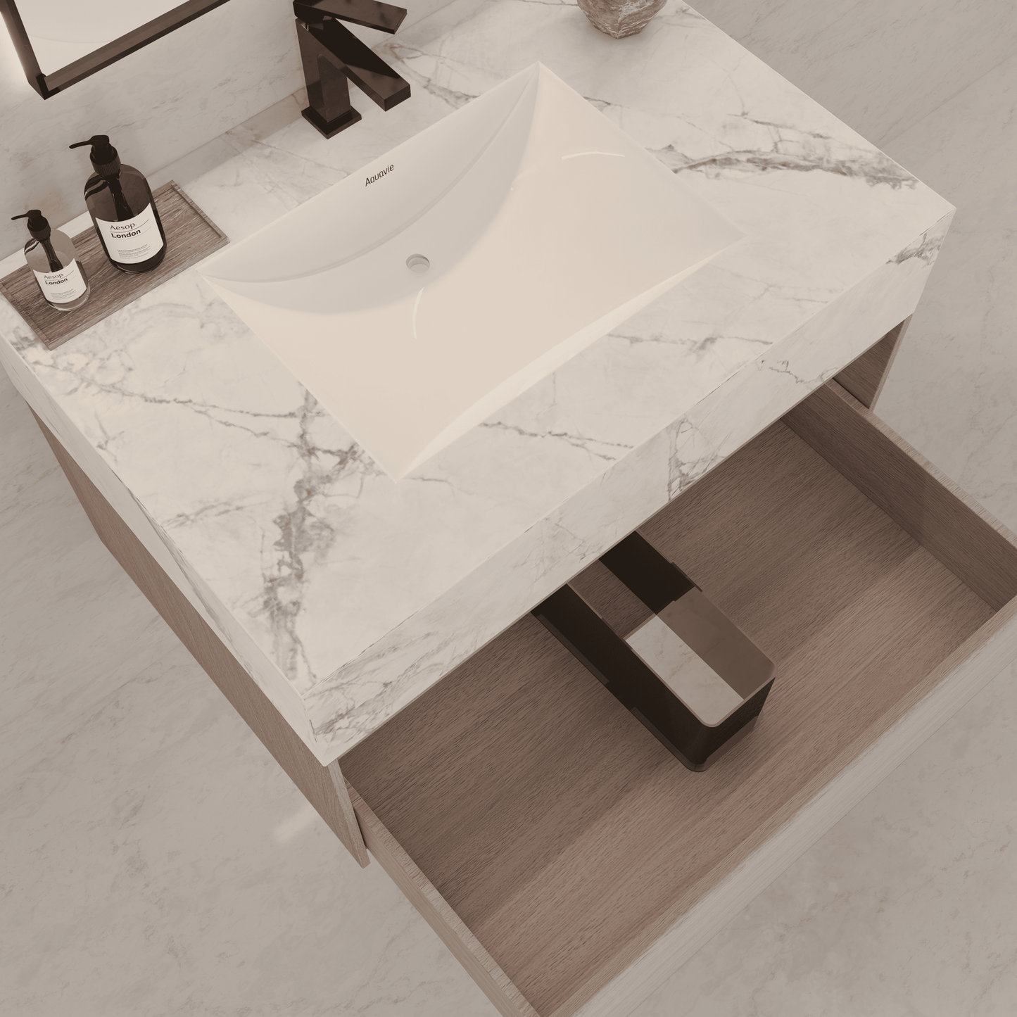 32"/ 36"/40" White Grey Oak Single Sink Floating Bathroom Vanity with Sintered Stone Top