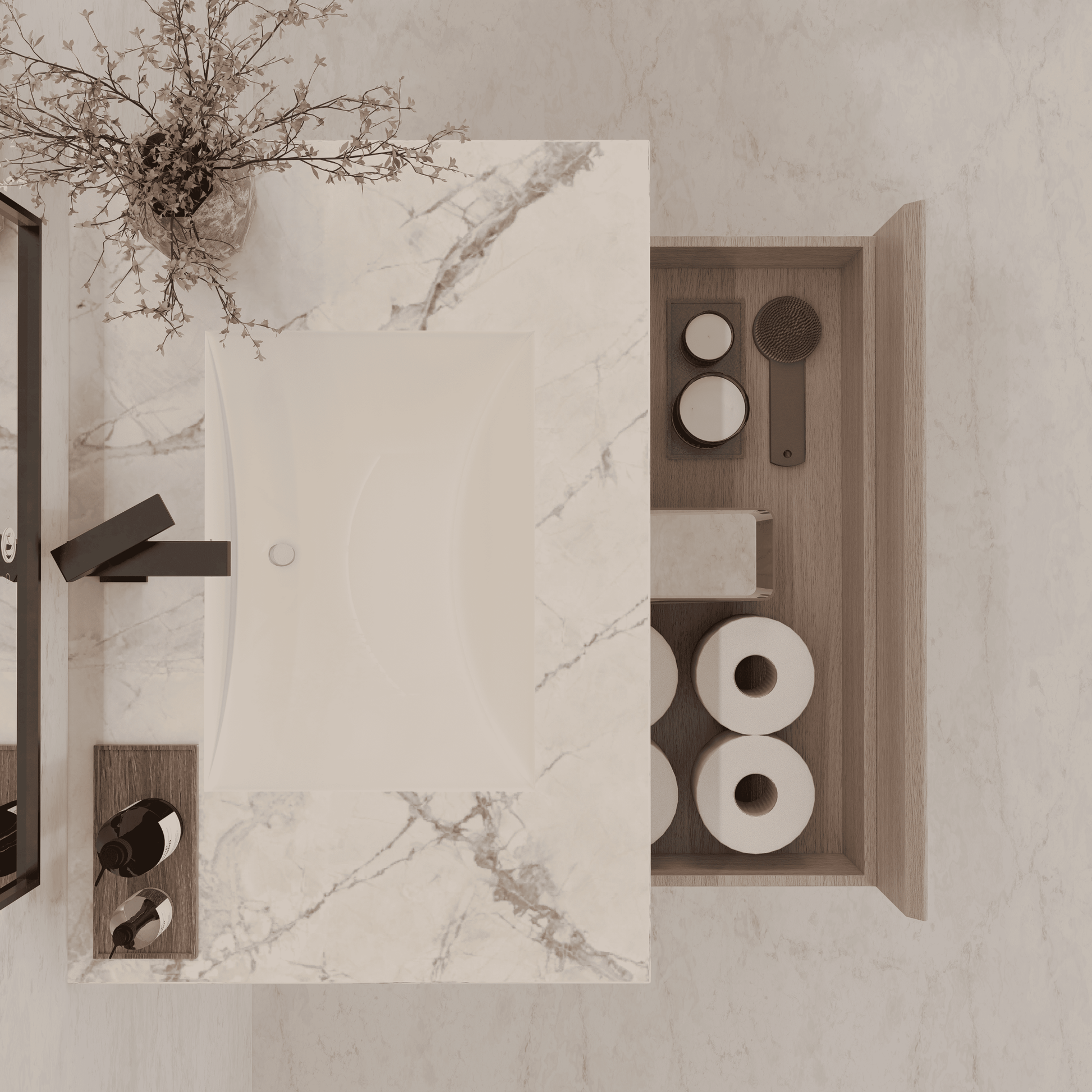 32"/ 36"/40" White Grey Oak Single Sink Floating Bathroom Vanity with Sintered Stone Top