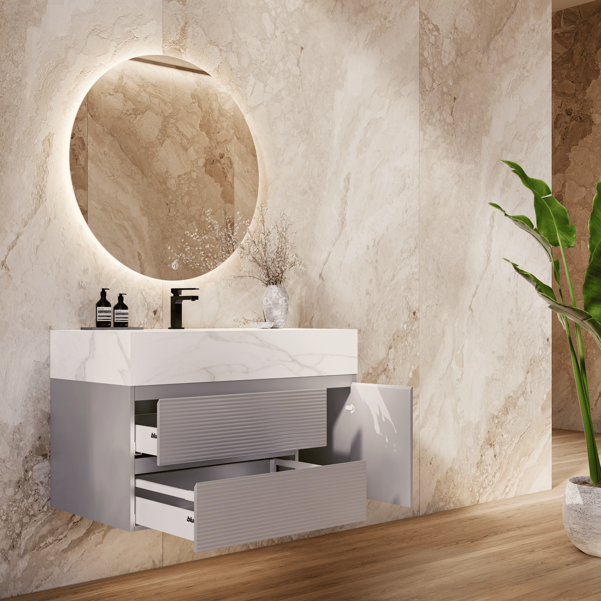 32", 40", 48"  Light Grey Fluted Floating Vanity with Seamless Stone Sink