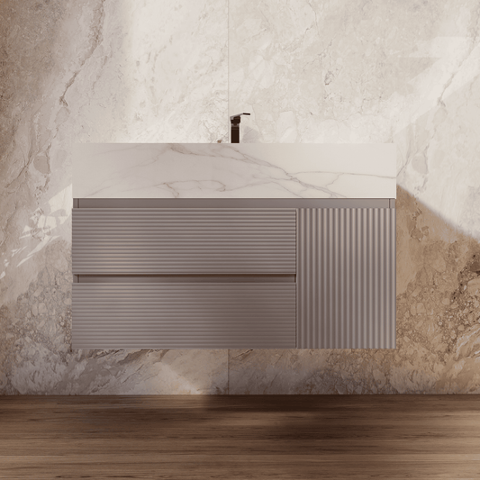 32", 40", 48"  Light Grey Fluted Floating Vanity with Seamless Stone Sink