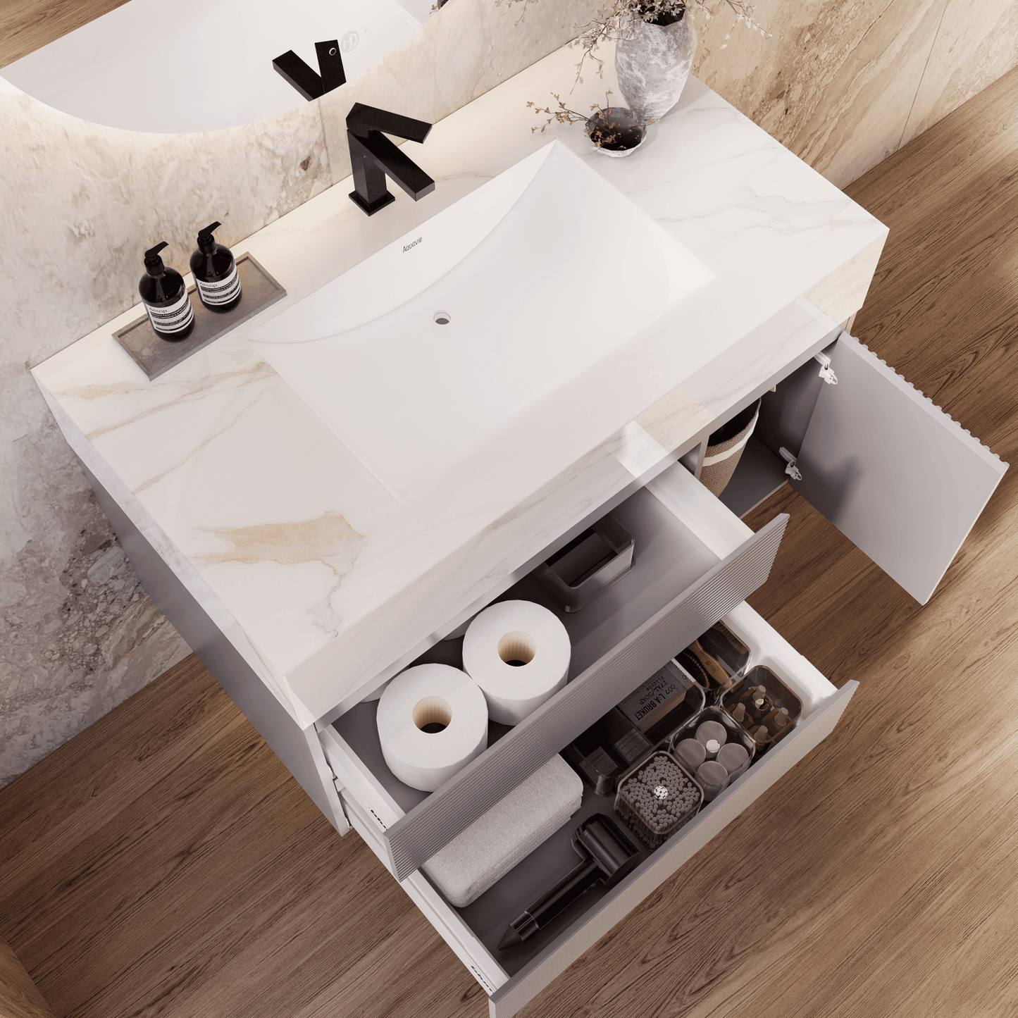 32", 40", 48"  Light Grey Fluted Floating Vanity with Seamless Stone Sink
