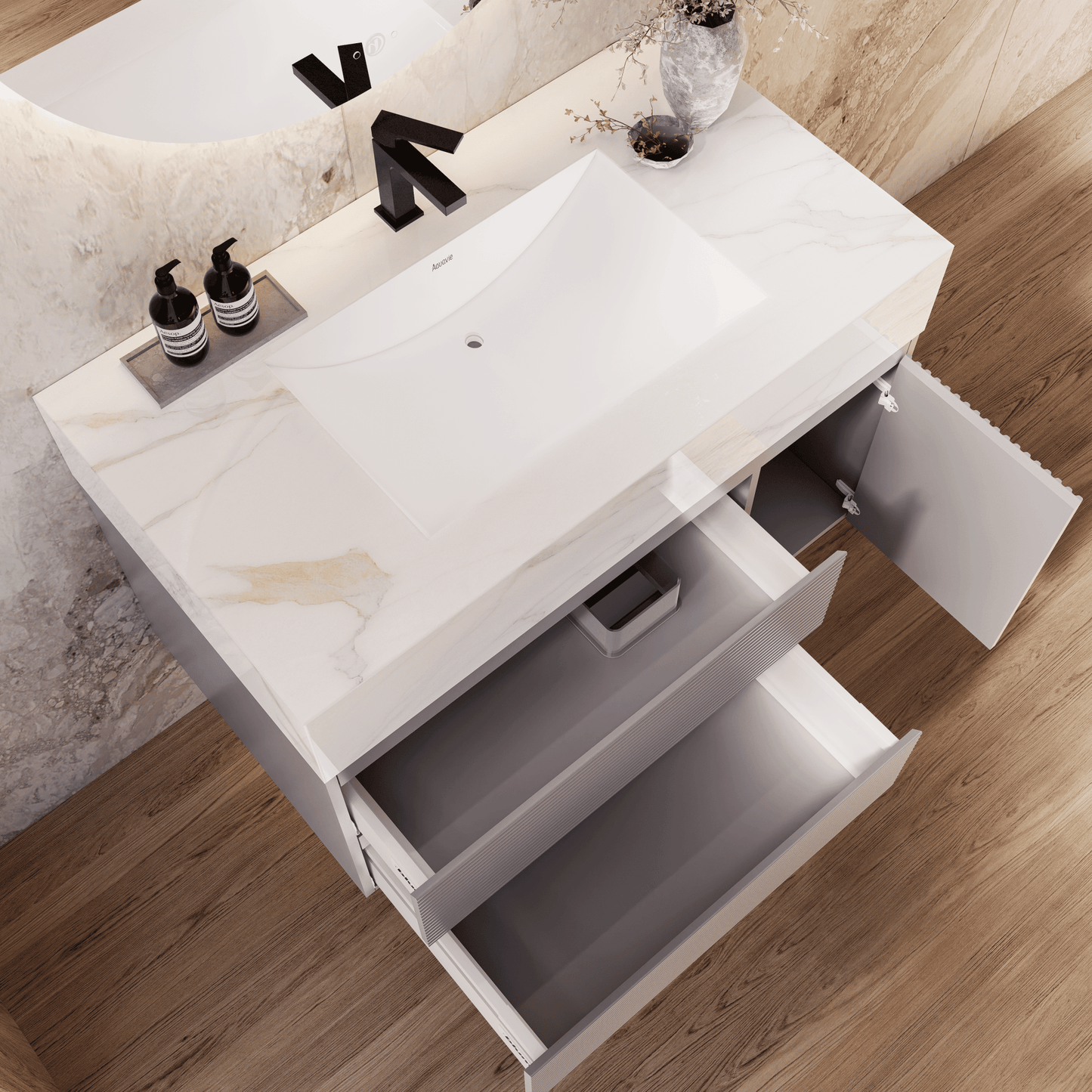 32", 40", 48"  Light Grey Fluted Floating Vanity with Seamless Stone Sink