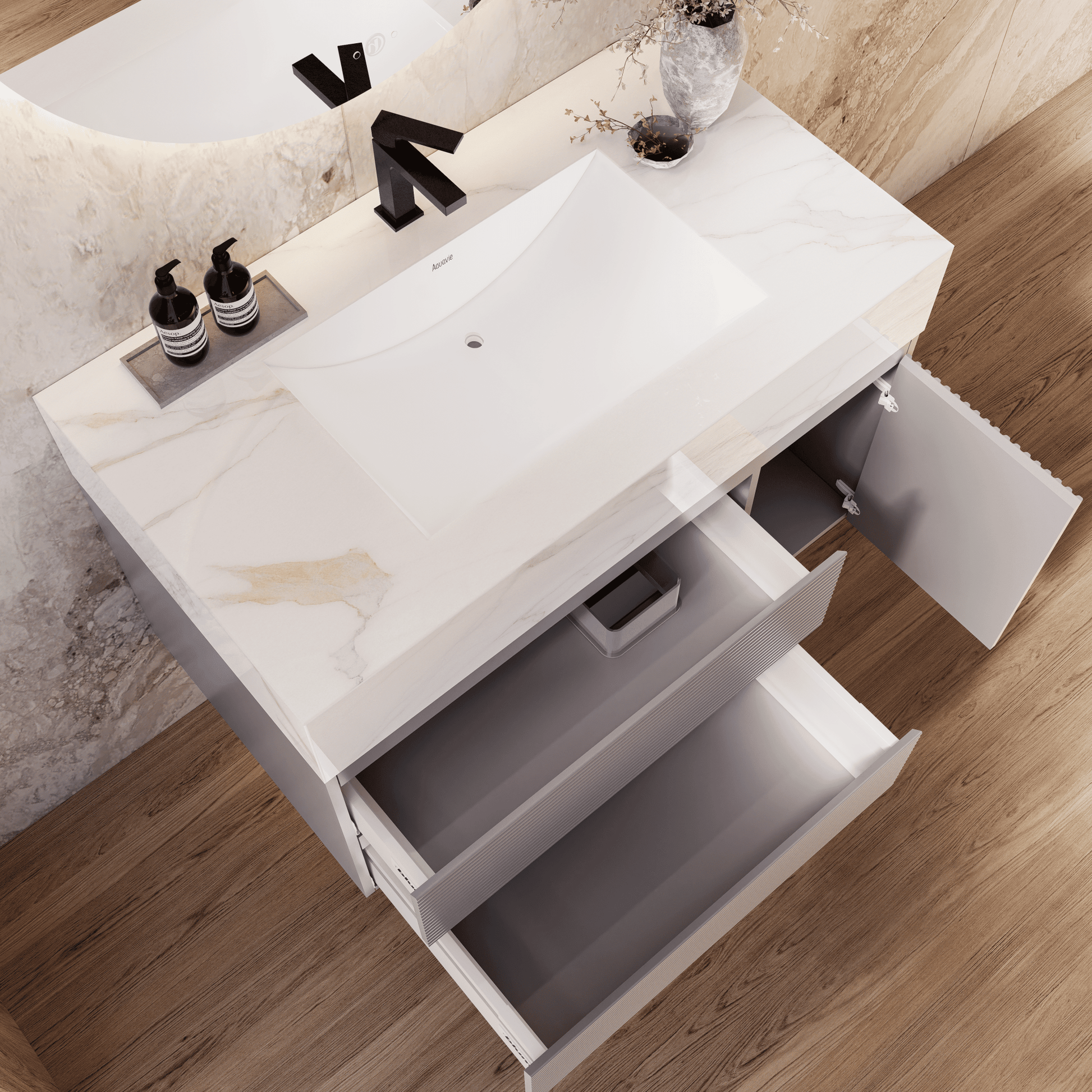 32", 40", 48"  Light Grey Fluted Floating Vanity with Seamless Stone Sink