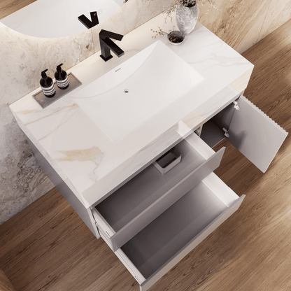 32", 40", 48"  Light Grey Fluted Floating Vanity with Seamless Stone Sink