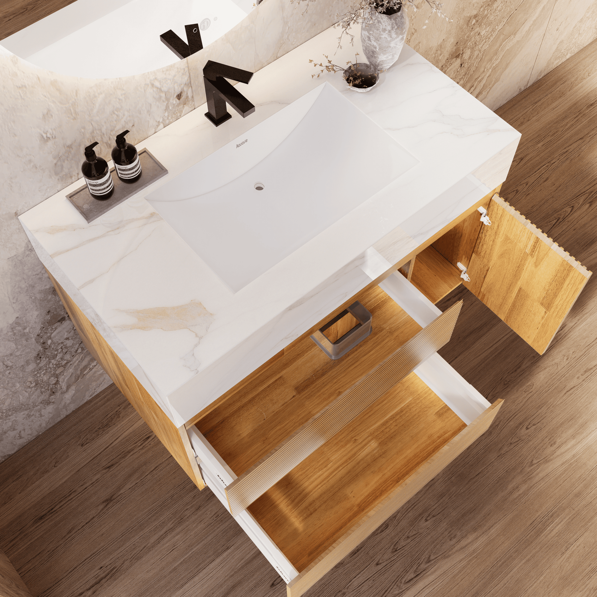 32", 40" Oak Fluted Floating Vanity with Seamless Stone Sink