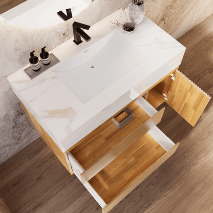 32", 40" Oak Fluted Floating Vanity with Seamless Stone Sink