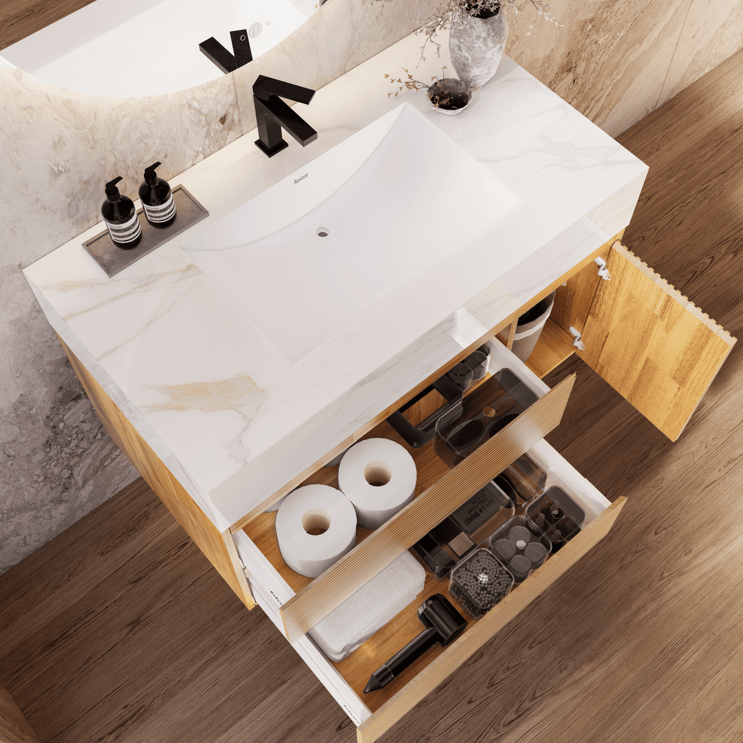 32", 40" Oak Fluted Floating Vanity with Seamless Stone Sink