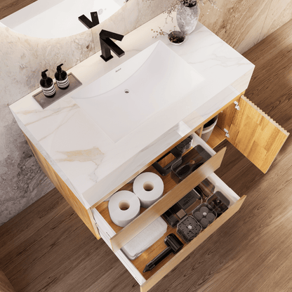 32", 40" Oak Fluted Floating Vanity with Seamless Stone Sink
