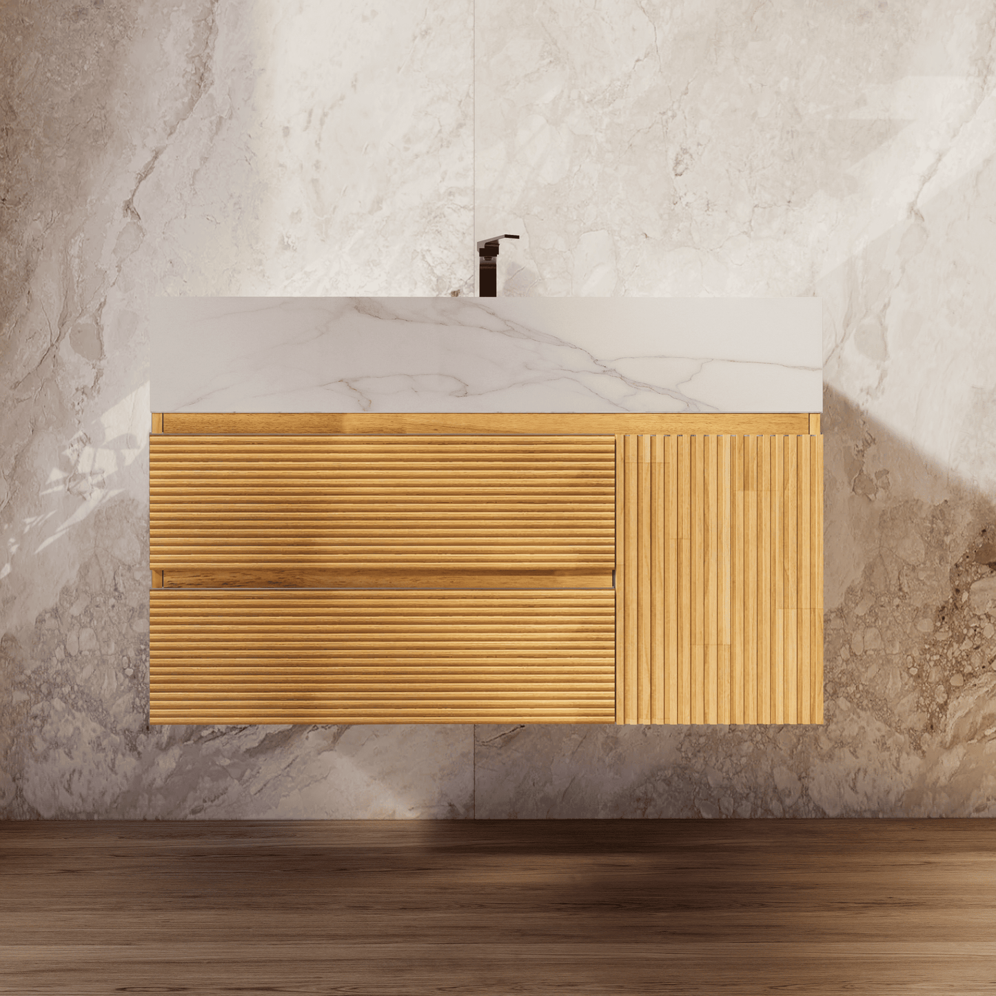 32", 40" Oak Fluted Floating Vanity with Seamless Stone Sink