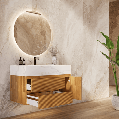 32", 40" Oak Fluted Floating Vanity with Seamless Stone Sink