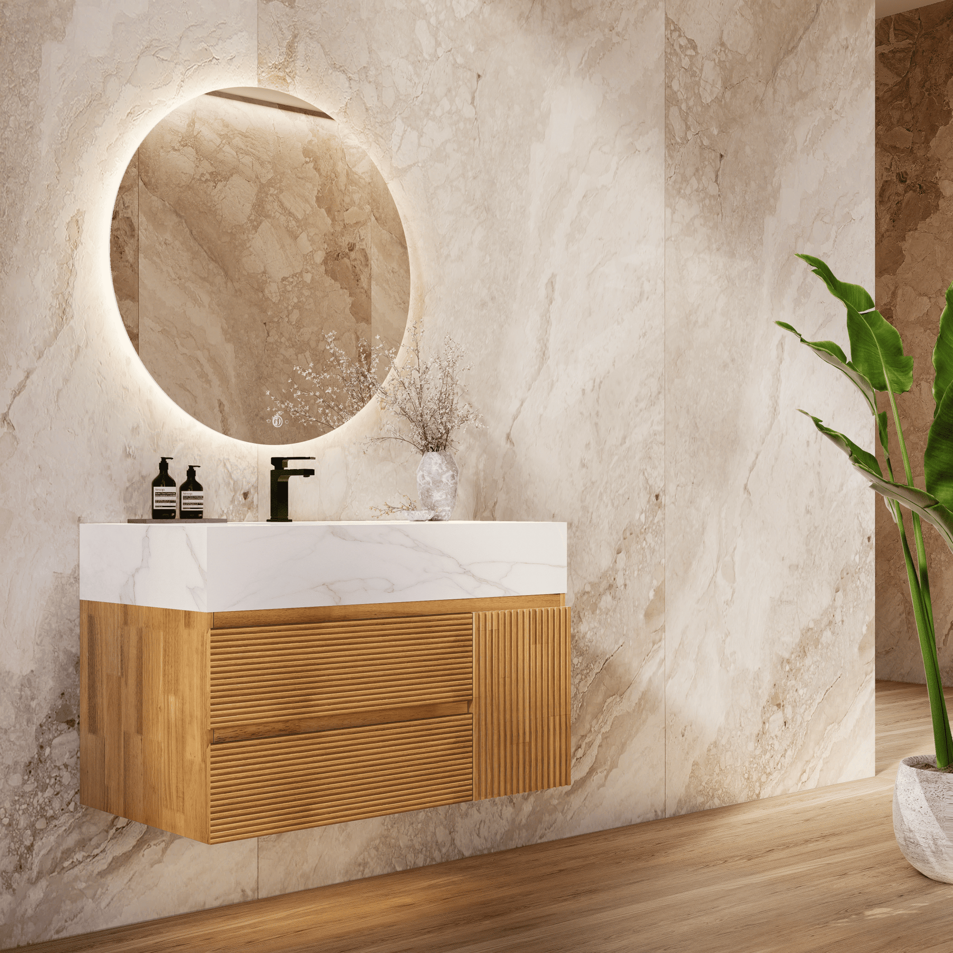 32", 40" Oak Fluted Floating Vanity with Seamless Stone Sink